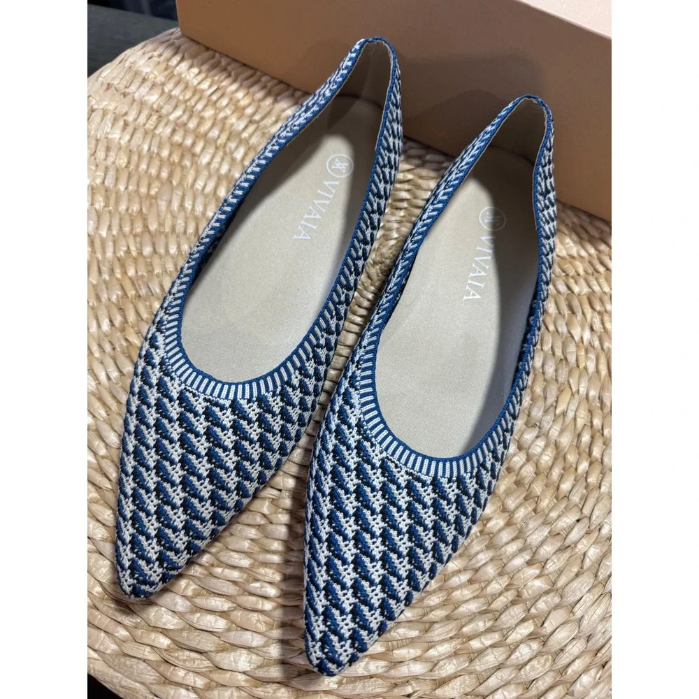 VIVAIA Pointed-Toe Knit Ballet Flats Blue & White Comfortable Chic‎ Shoes 9.5